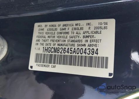 2005 Honda Accord 3.0 Ex из США, поврежденный, VIN 1HGCM82645A004394